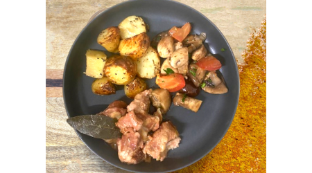 Sauté de porc à l'italienne, pommes de terre, champignons, tomates